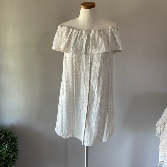 MAVEN WEST off the shoulder casual cream plaid dress / ruffle / button front Med - Picture 3 of 16